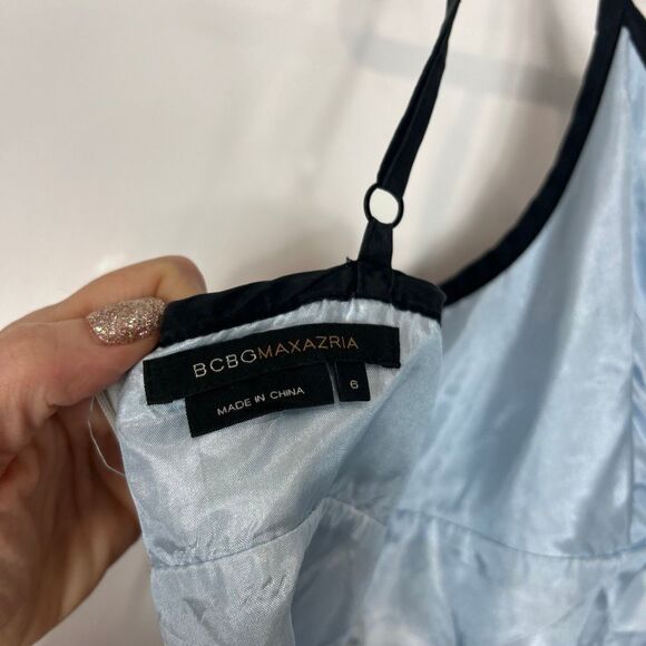 BCBGMAXAZRIA Silk Maxi Dress 6 White Blue Sleeveless Floral Abstract Ruffle Long - Picture 4 of 15